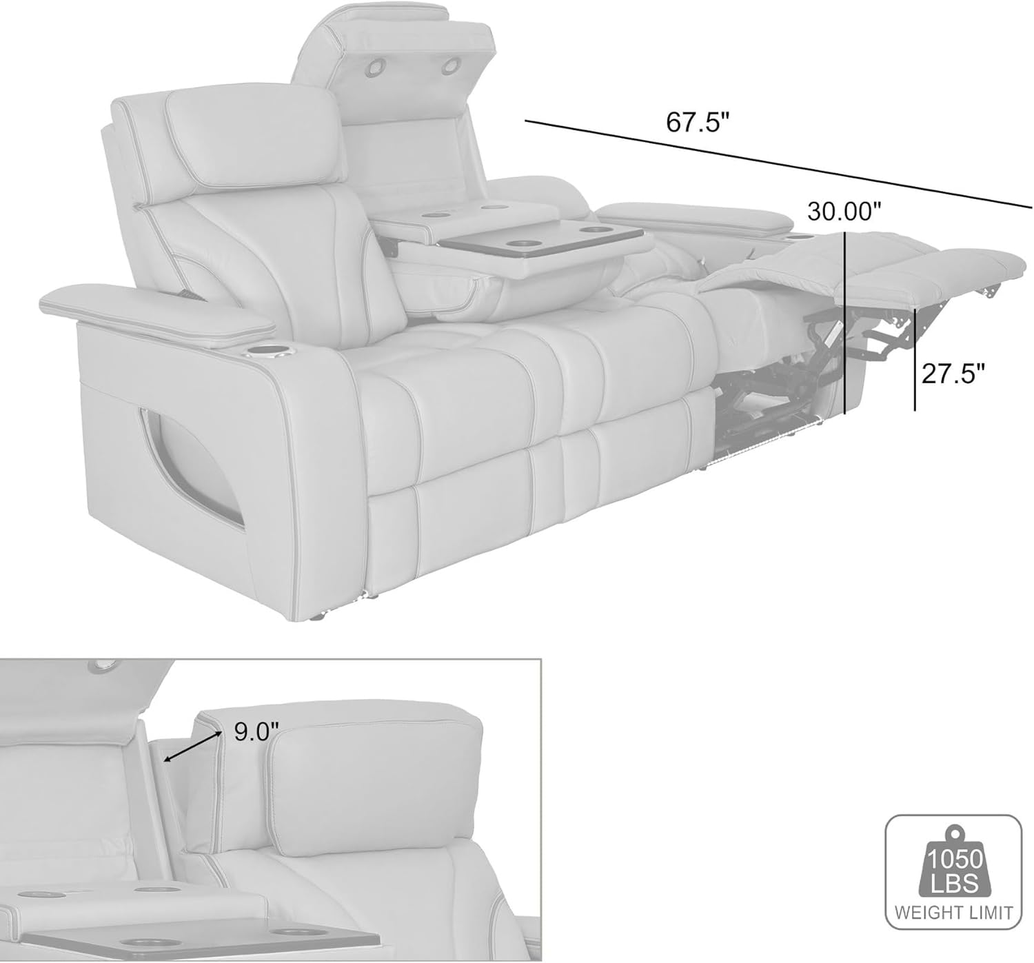 Armen Living Octavia Modern Zero Gravity Power Reclining Heated Massage Sofa, 86" Wide, Silver and Gray Top Grain Leather