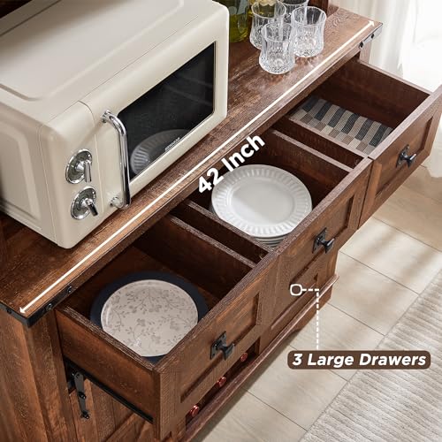 OKD 72" Farmhosue Bar Cabinet with Sliding Barn Door, Large Kitchen Buffet with Hutch w/Wine & Glasses Rack, 3 Drawers, 12 Storage Shelves, Rustic Coffee Bar Sideboard Table, Antique Brush White