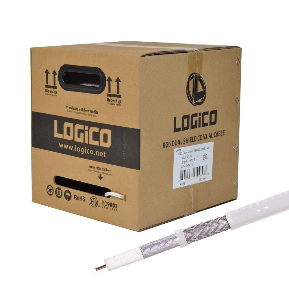 1000 ft RG6 Coaxial Cable Dual Shield 18 AWG Coax Satellite TV White