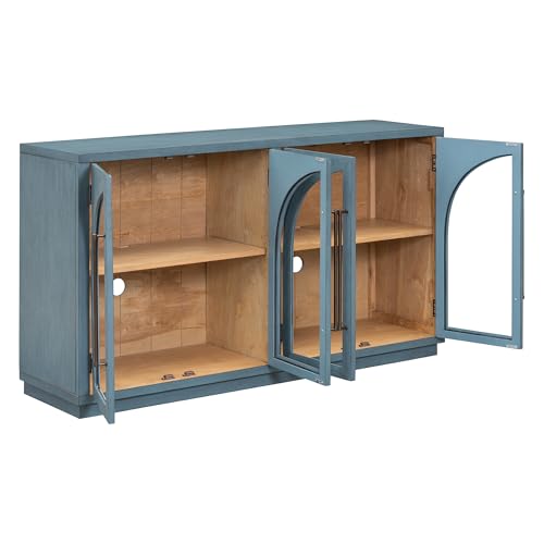 Large Sideboard Cabinet Retro Buffet Cabinet with 4 Glass Doors and Arched Design, Kitchen Cupboard Storage Cabinet for Dining Room Living Room, Black