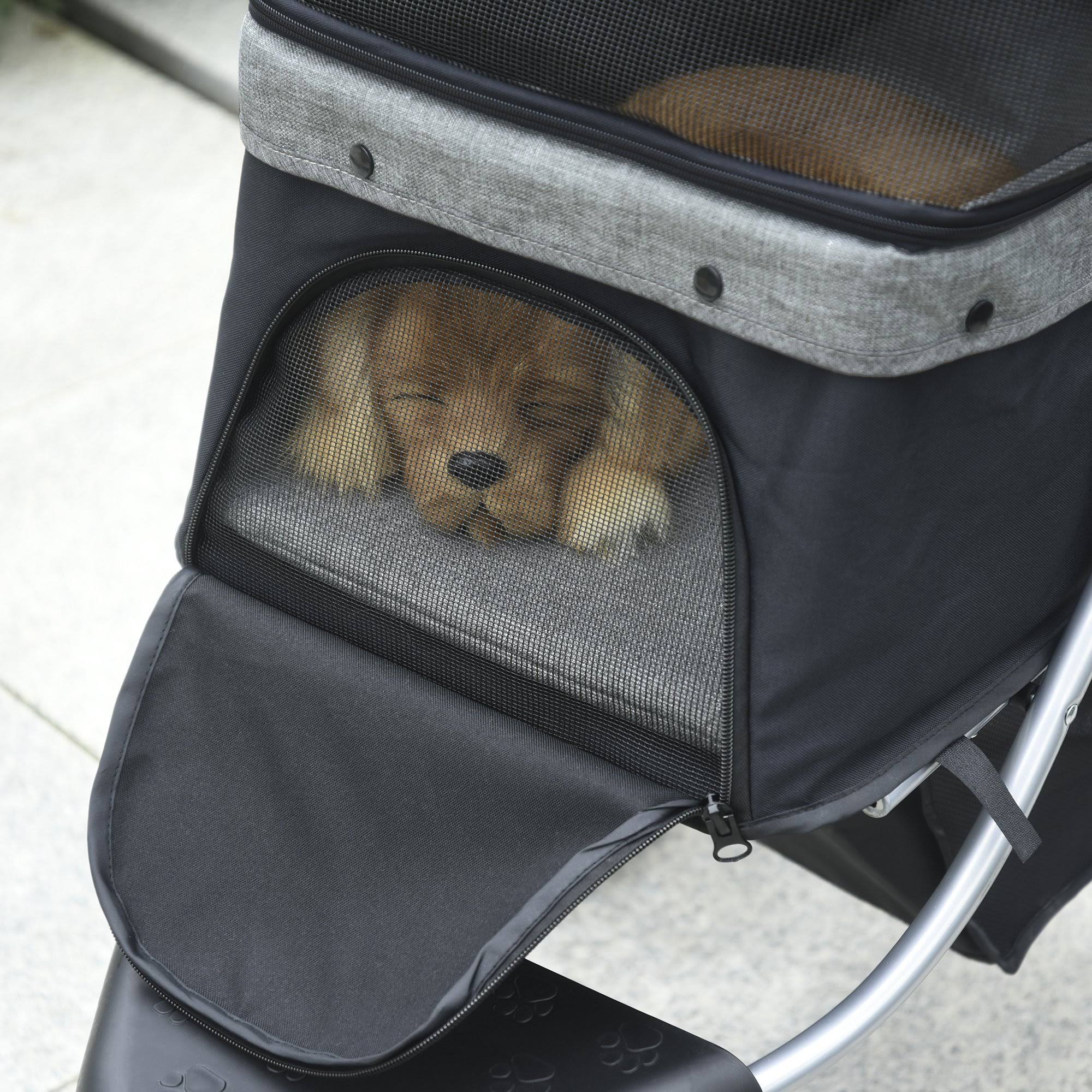 PawHut Luxury Folding Pet Stroller Dog/Cat Travel Carriage with Adjustable Canopy u0026 A Zippered Mesh Window Door - Grey