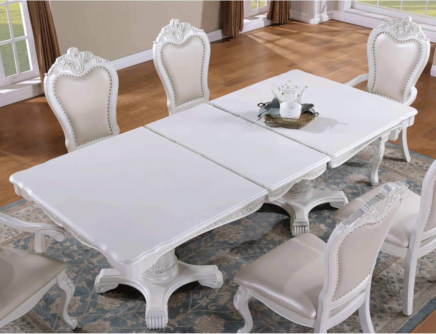 Furniture of America Adair Traditional Solid Wood 7-Piece Dining Set with Double Pedestal Expandable Table and 6 Leather Padded Side Chairs for Home, Kitchen, Living Room, White