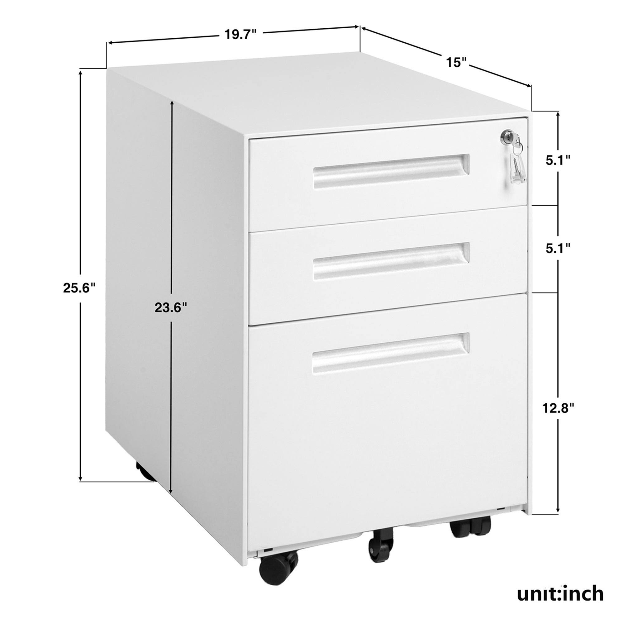 3-Drawer Mobile Metal File Cabinet with Lock and Keys White - Letter
