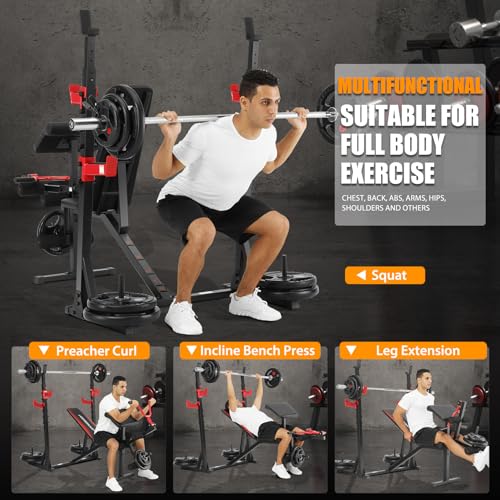 OPPSDECOR Professional Weight Bench Set with Barbell/Squat Rack, 900LBS Heavy Duty Bench Press Set with Leg Curl/Extension and Preacher Curl, Adjustable Full-Body Workout Bench for Home Gym Fitness