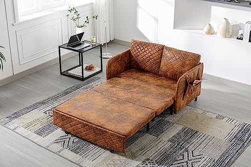 Convertible Sleeper Sofa Bed, 46" Modern Velvet Loveseat Couch with Pull Out Bed, Small Love Seat Futon Sofa Bed with Headboard, 2 Pillows & Side Pockets for Living Room Bedroom, Light Grey