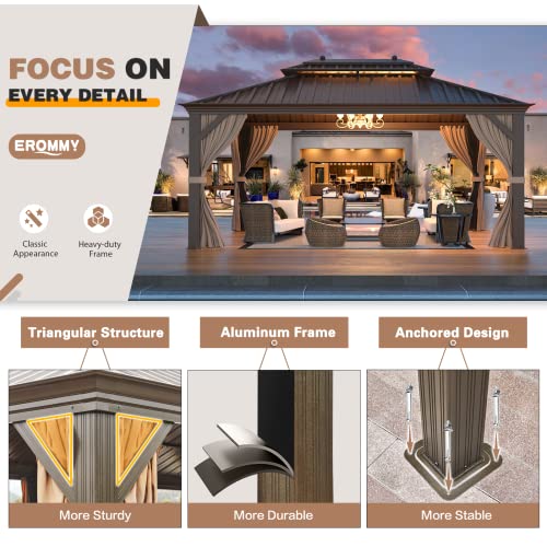 EROMMY 14'x20' Hardtop Gazebo Double Roof Galvanized Steel Canopy Outdoor Aluminum Frame Permanent Metal Pavilion with Netting and Curtains for Patio Backyard Deck and Lawns