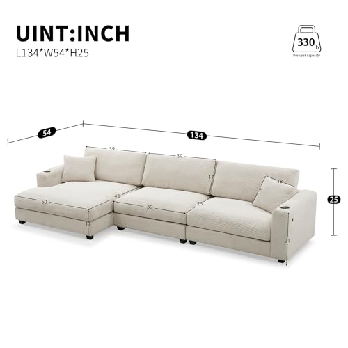 P PURLOVE Oversized Corduroy Sectional Sofa with USB Charging Port, Cup Holder, L Shaped Cloud Couch with 50" W Chaise, Comfy Indoor Furniture for Living Room (Gray)