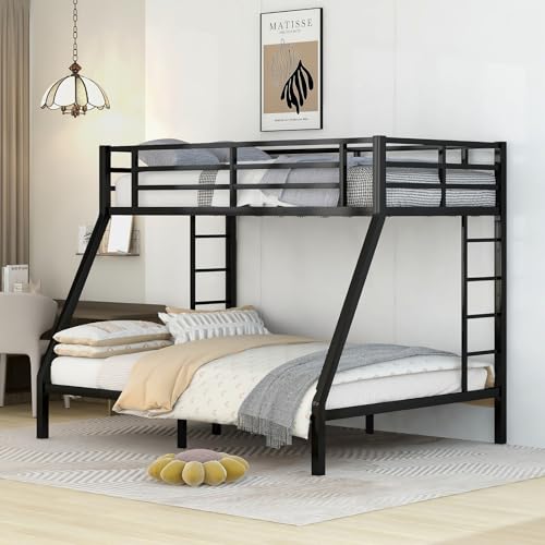 Full XL Over Queen Metal Bunk Bed, Heavy Duty Metal Bunk Beds Frame with 2 Ladder for Kids Adults, No Box Spring Needed/Space-Saving/Noise-Free, Black (Full XL Over Queen)