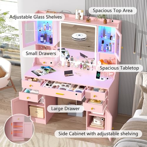 White Makeup Vanity Desk with Mirror and Lights, Large Vanity Table Set with Charging Station, Dressing Table with RGB Cabinets, Makeup Vanity Mirror with Lights Desk and Drawers, 3 LED Lights Modes