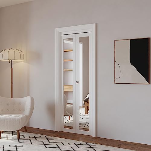 Bi-Fold Doors 30" x 80" Heavy-Duty Mirrored Door with Knob & Hardware Kit, Interior Folding Pantry/Closet Door, Pre-Drilled Panels with One Side HD Thicken Mirror & White Back, Easy Install