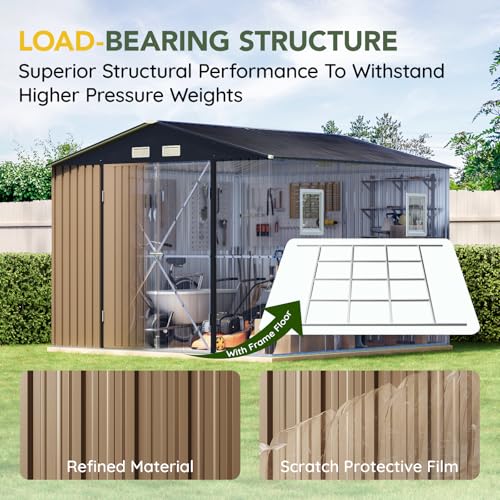 Outdoor Storage Shed 10 x 12ft. Utility Tool Shed Metal Storage Garden Shed with Lockable Doors, Windows & Metal Frame Floor for Patio Storage,Brown