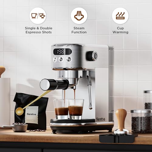 Neretva 20 Bar Espresso Machine, Super Compact Espresso Maker with LED Display & Milk Frother for Home Barista Stainless Steel Professional Coffee Machine Espresso Latte and Cappuccino Maker