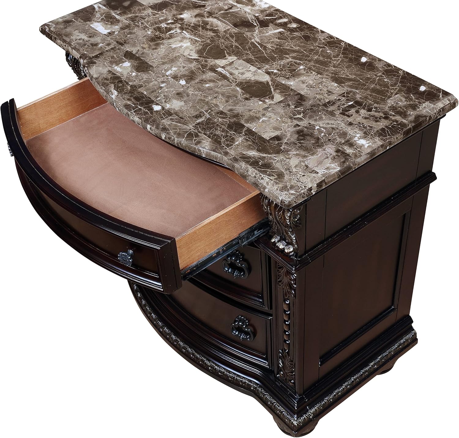 1Pc Traditional Style End Table 3-Drawer Nightstand with Marble Top Rich Brown Cherry Finish Solid Wood Wooden Bedroom