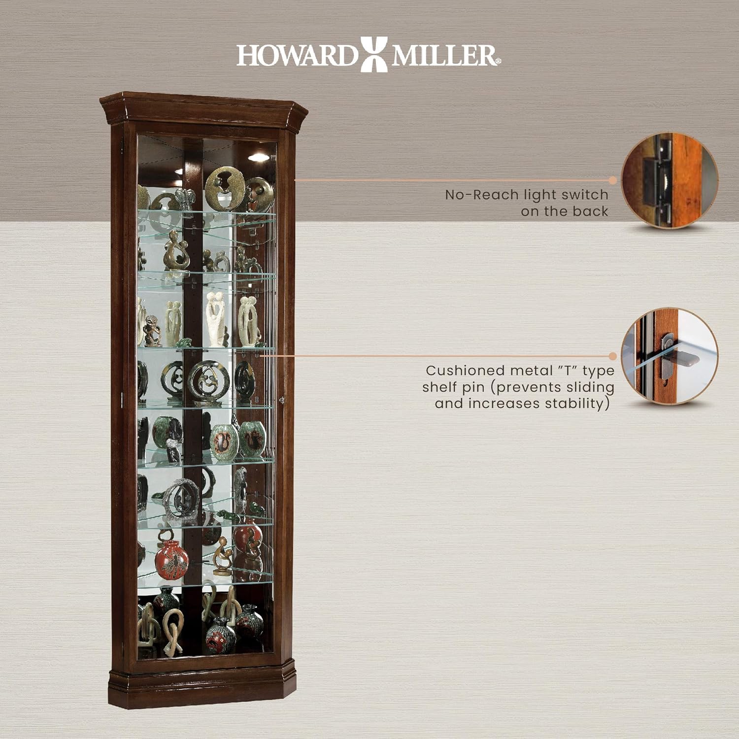 Howard Miller Drake Corner Curio Cabinet 680-483 – Cherry Bordeaux Finish, Seven Glass Shelves, Eight Level Display Case, Locking Door, No Reach Light