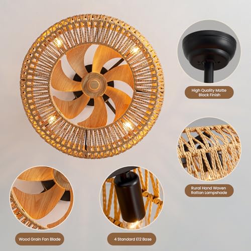 20" Farmhouse Caged Ceiling Fan with Lights Remote Control, Cage Low Profile Bladeless Ceiling Fan, Boho Ceiling Fans with Light for Kitchen, Bedroom, Dining Room