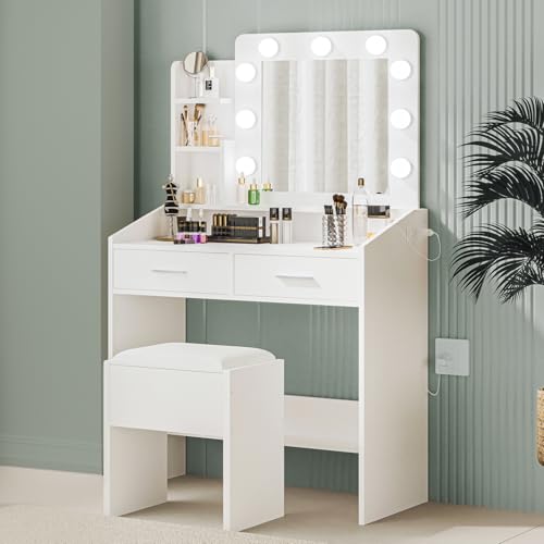 Vanity Desk with Mirror and Lights, Makeup Vanity Desk with Charging Station and Cushioned Stool, Dressing Table with 2 Drawers & 3 Lighting Modes Adjustable Brightness for Bedroom, Black