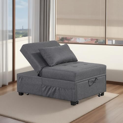 Convertible Sofa Bed, 4-in-1 Sleeper Chair Bed Adjustable Recliner Sofa, Pull Out Folding Lounger Sleeper Couch Bed with Pillow for Living Room, Bedroom and Small Space (Dark Gray)