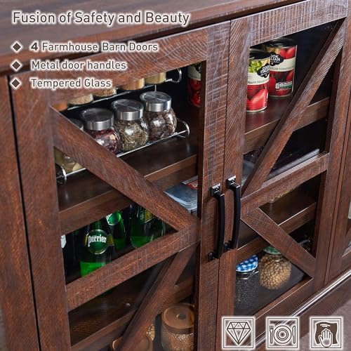 Farmhouse Buffet Cabinet with Storage, 70" Wood Rustic Sideboard Buffet Cabinet w/4 Glass Barn Doors & Adjustable Shelf, Coffee Bar Cabinet for Kitchen, Dining Room, Living Room (Dark Grey)