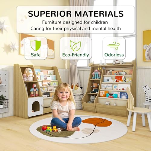 Montessori Kids Bookshelf, 5 Sling Baby Bookcase, 4 Tier Display Shelves, Wooden Book Rack, Toddler Toy Storage Organizer Cabinet, Floor Children Bookshelf Nursery Playroom Bedroom Library, Natural