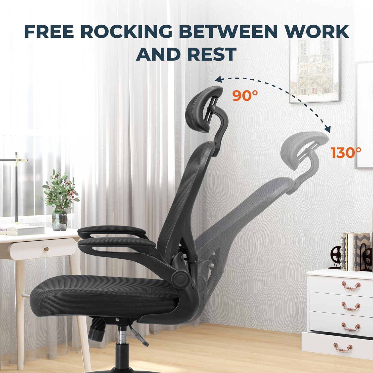 Ergonomic Office Chair, High Back Office Desk Chair with S-Shaped Backrest, Adjustable Lumbar Support, Headrest, Flip-up Armrest, Mesh Computer Chair for Home Office（Black）