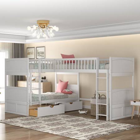 Euroco Twin Size L-Shaped Wood Triple Bunk Bed with Drawers for Kids& Room, White