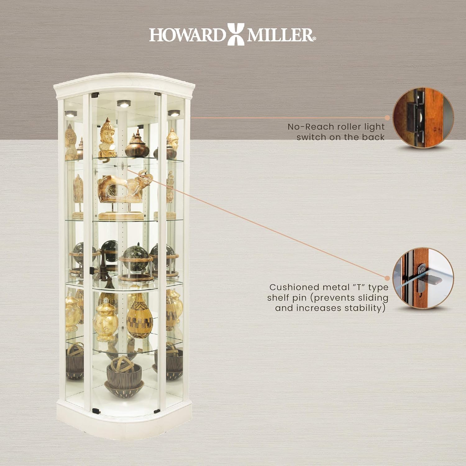 Howard Miller Marlowe IV Corner Curio Cabinet 680-665 – Aged Linen Finish Home Decor, Four Glass Shelves, Five Level Display Case, No Reach Roller Halogen Light
