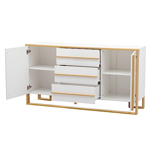 Modern Buffet Table Sideboard Cabinet Credenza, Living Room Cabinets Large Buffet Cabinet with Adjustable Shelves 3 Drawers 2 Doors for Kitchen Dining Room, White and Gold Buffet