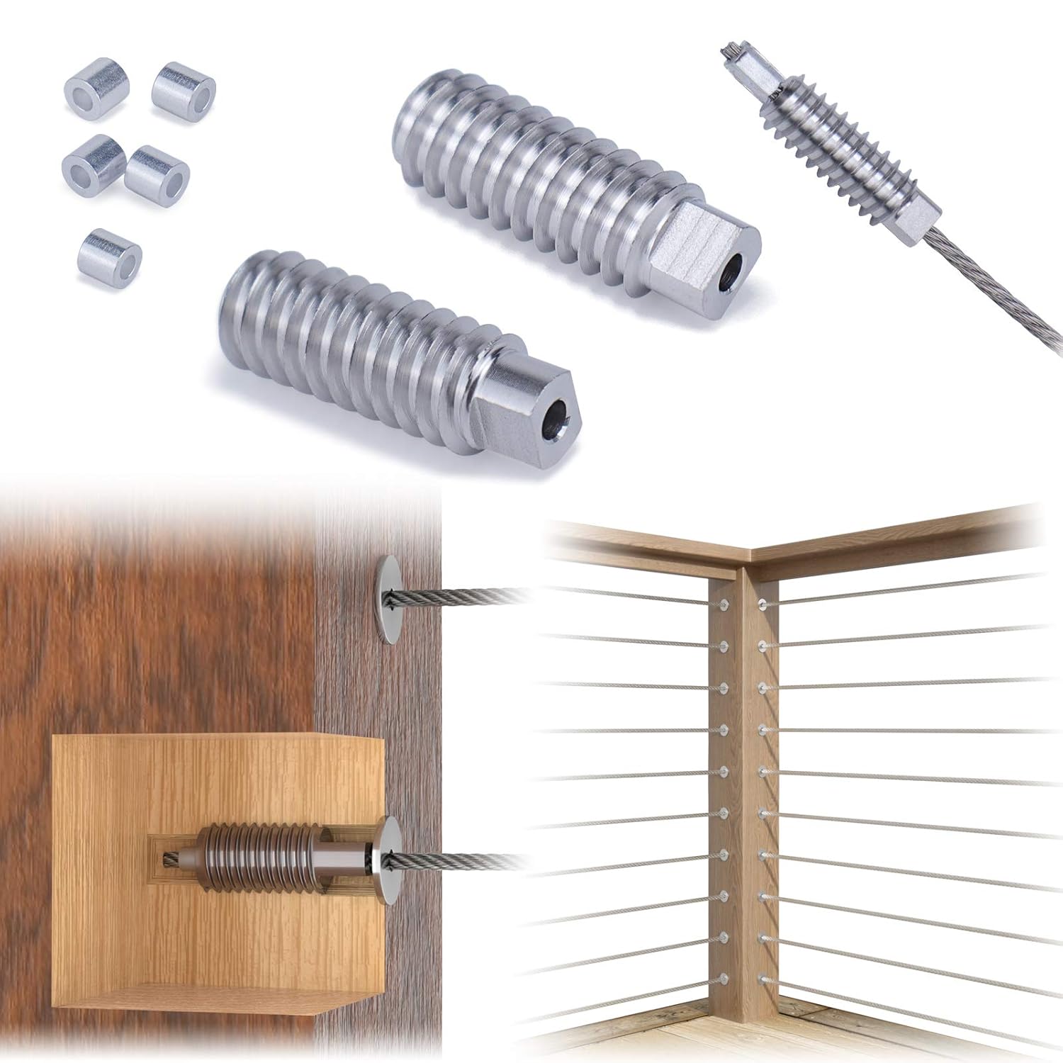Muzata 40Pack 3/16" Invisible Cable Railing Kit Swage Lag Screw Tensioner CableGenie System Completely Hidden for Wire Rope Wood Posts T316 Stainless Steel 20 Cable Line CR99, CV1 CG1