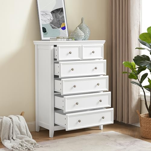 6 Drawer Dresser Chest with Slide Rails and Modern Metal Handles – Farmhouse & Modern Design, Wood Grain Tabletop, Anti-tipping Device, Multipurpose Storage Solution,White