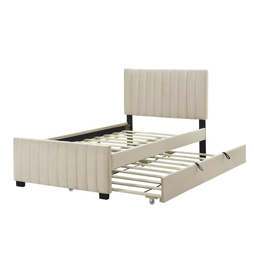 Harper & Bright Designs Platform Bed, Merax Twin Size Velvet Upholstered Bed Frame with Twin Size Trundle for Bedroom, Wood Slat Support, No Box Spring Needed, Easy Assembly, Beige