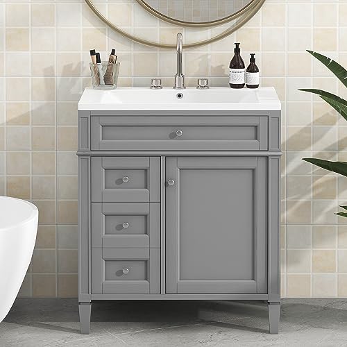 30inch Bathroom Vanity with Sink,Freestanding Bathroom Cabinet with 2 Drawers and a Tip-Out Drawer,Single Sink,Easy Assmebly,Vanity Sinks for Bathrooms with Small Spaces(White)