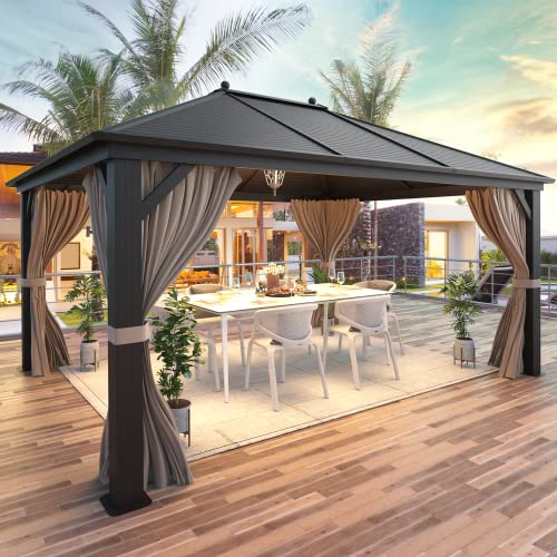 MELLCOM 12'x16' Hardtop Gazebo, Galvanized Steel Metal Double Roof Canopy with Curtains and Netting, Brown Permanent Pavilion Gazebos with Aluminum Frame for Garden, Patio, Lawns, Deck