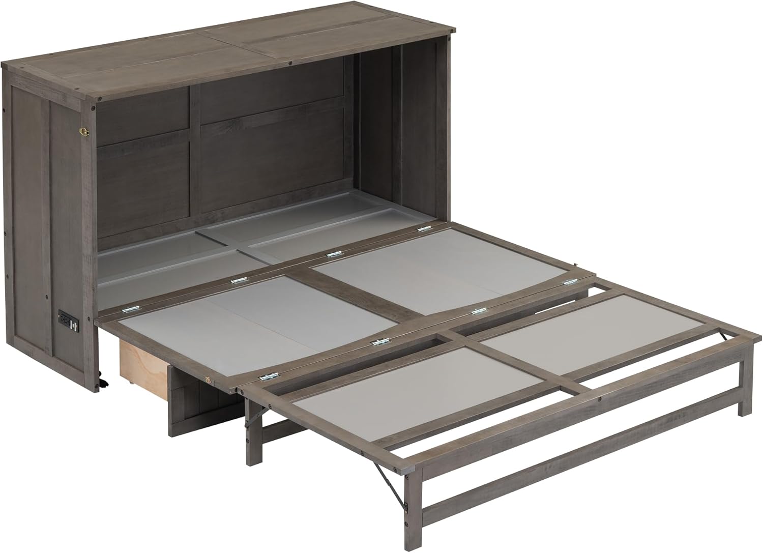 Queen Murphy Bed Cabinet, Wood Murphy Bed Chest Bed with Drawer and Charging Station, 63'' Foldable Cabinet Bed for Dorm Loft Corner or Small Space