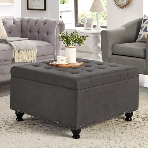 Storage Ottoman, 30 Inchs Square Foot Rest Stool, Storage Chest Footstool Storage Ottoman Bench with Wooden Legs, 300 lbs Weight Capacity (Beige)