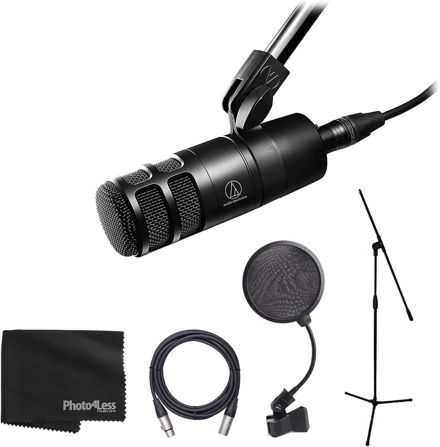 Audio Technica AT2040 Mic 20 Series Front Address Dynamic Mic + Tripod Base Mic Stand with Boom + Pop Filter + Microphone Cable - Top Value
