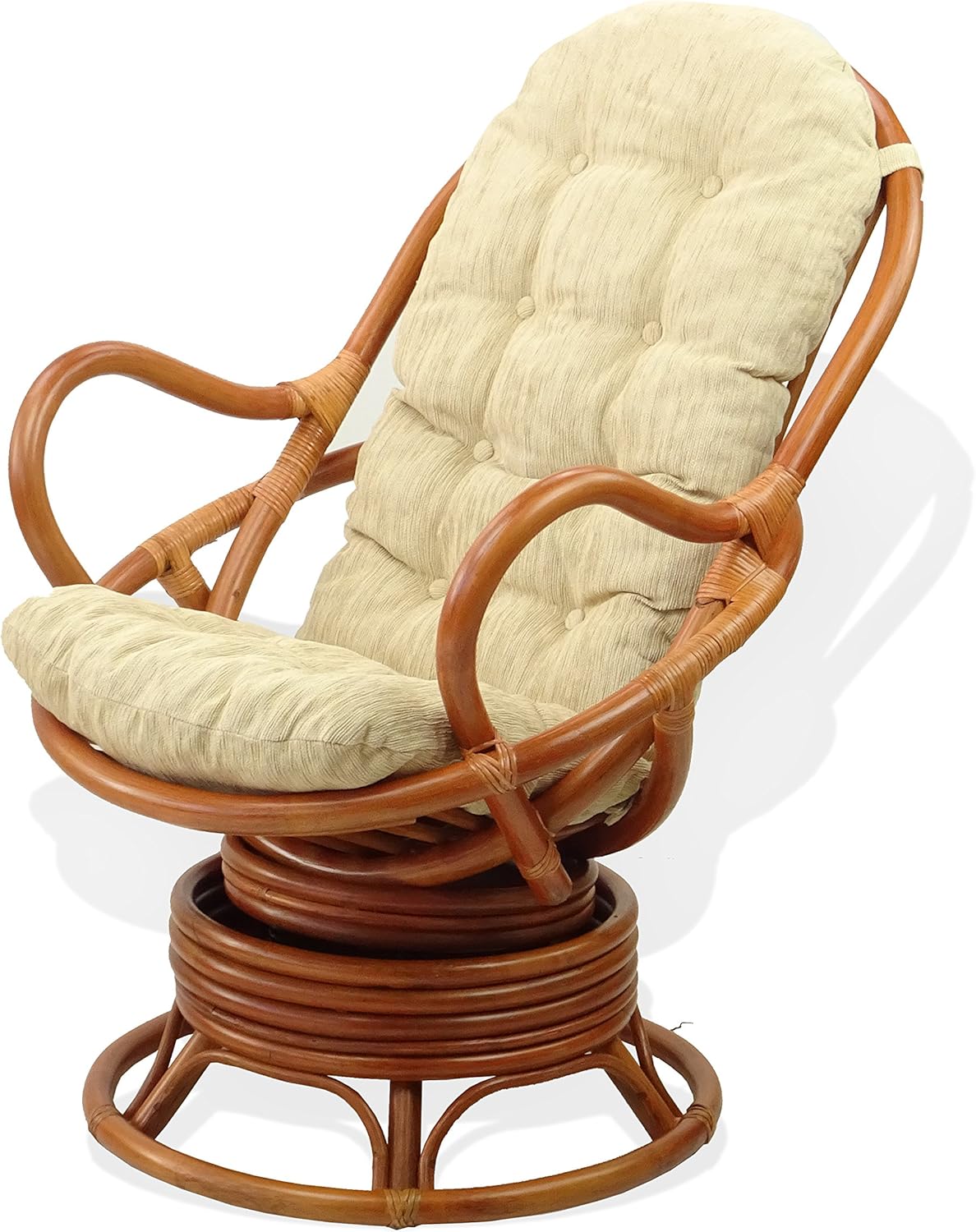 Wickerix 2 PC Java Swivel Rocking Chair Natural Handmade Rattan Set: Lounge Arm Chair w/Cream Cushion and Coffee Table, Colonial