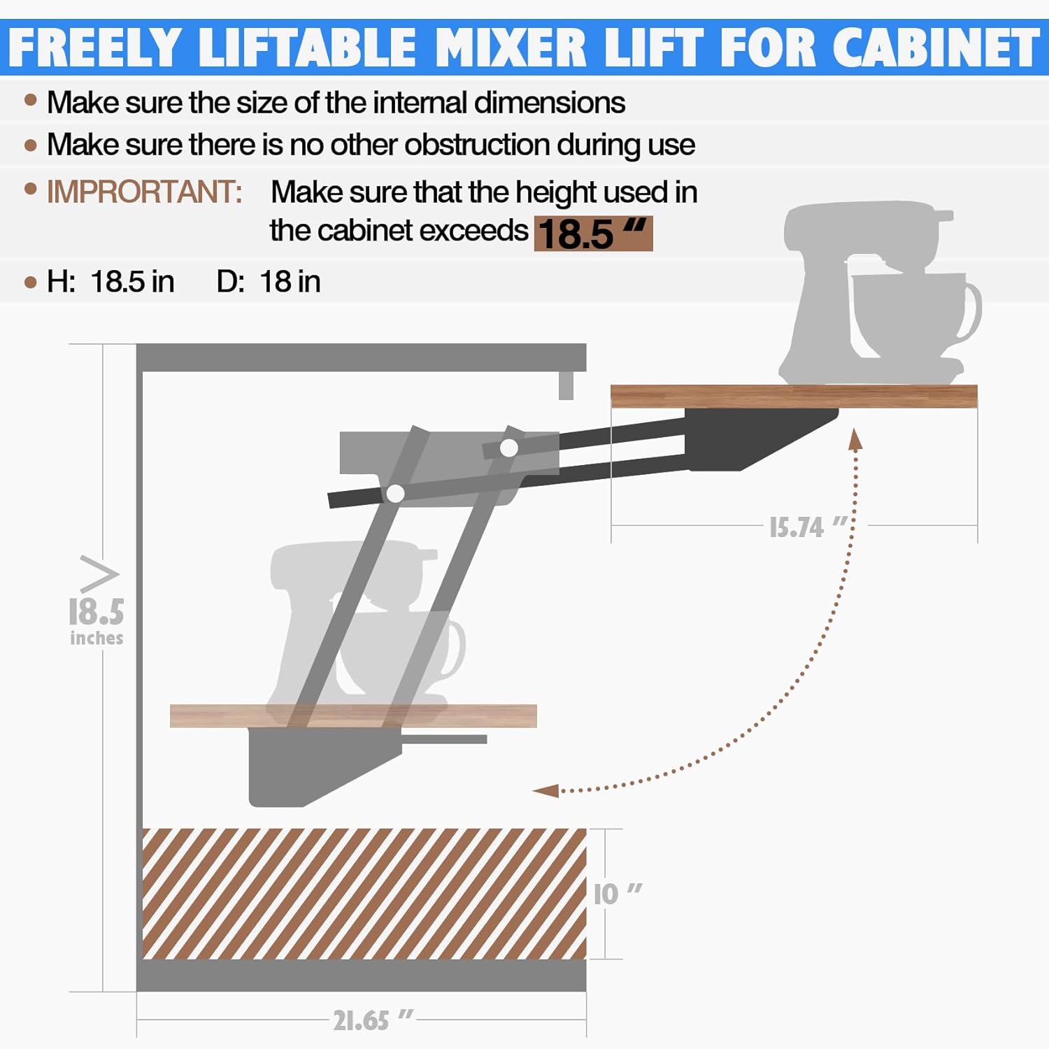 Mixer Lift for Cabinet, Appliance Lift with Soft-Close, Space-Saving Design, Locking Mechanism, Holds Up to 60 LBS, Zinc Finish, for Small Kitchen Appliances.