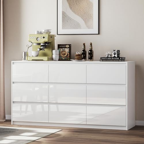 10 Drawer Dresser, White Dresser for Bedroom, High Gloss Modern Dresser & Chest of Drawers, 55" Long Dresser TV Stand, Large Double Dresser for Bedroom