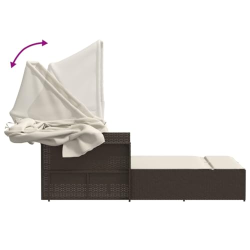 Double Sun Lounger with Canopy and Cushions Brown Poly Rattan,Double Sun Lounger with Adjustable Backrest and Retractable Canopy for Enhanced Outdoor Relaxation Sun Loungers, Chaise Lounges, Patio Fur