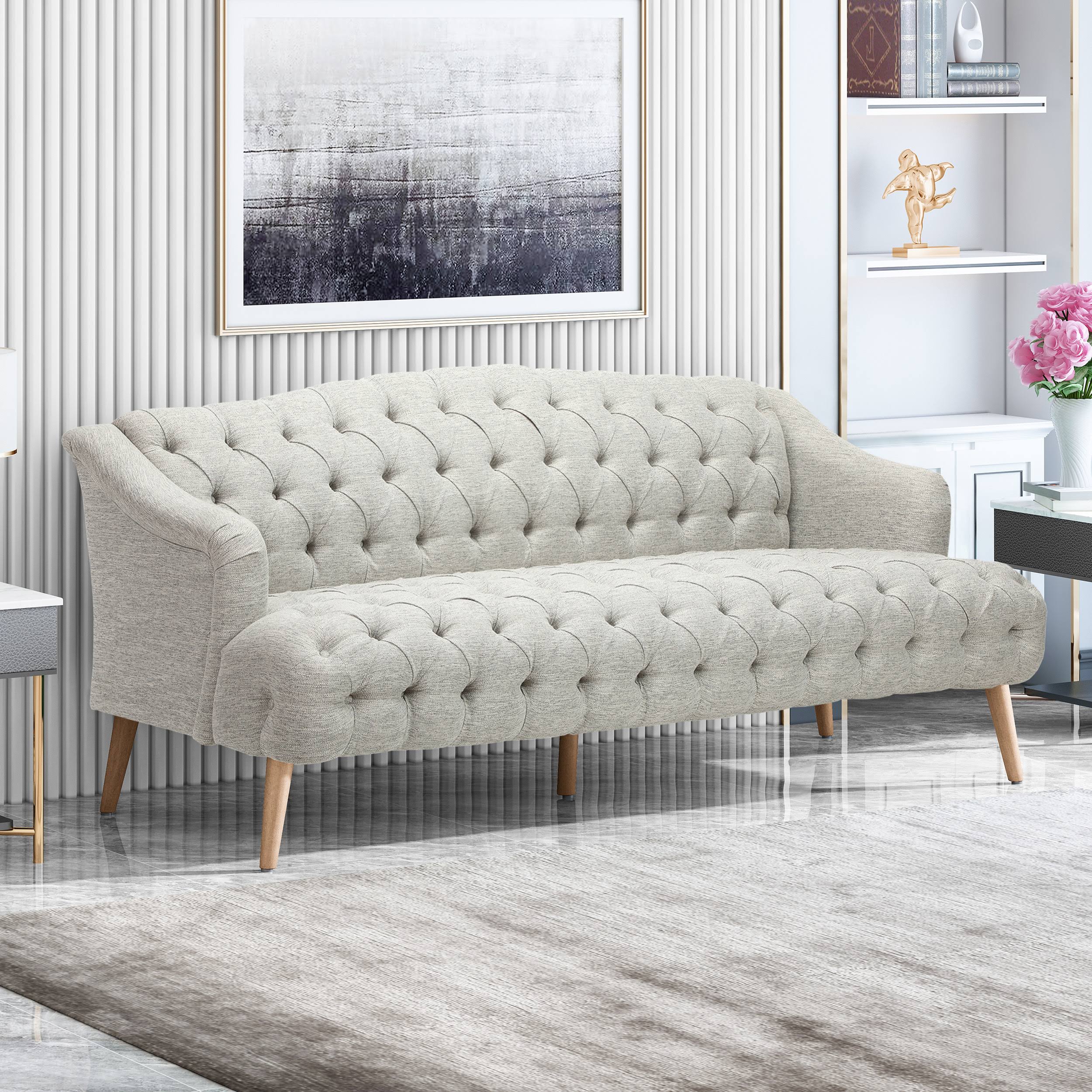 Erin Contemporary Tufted Fabric 3 Seater Sofa, Light Blue and Natural