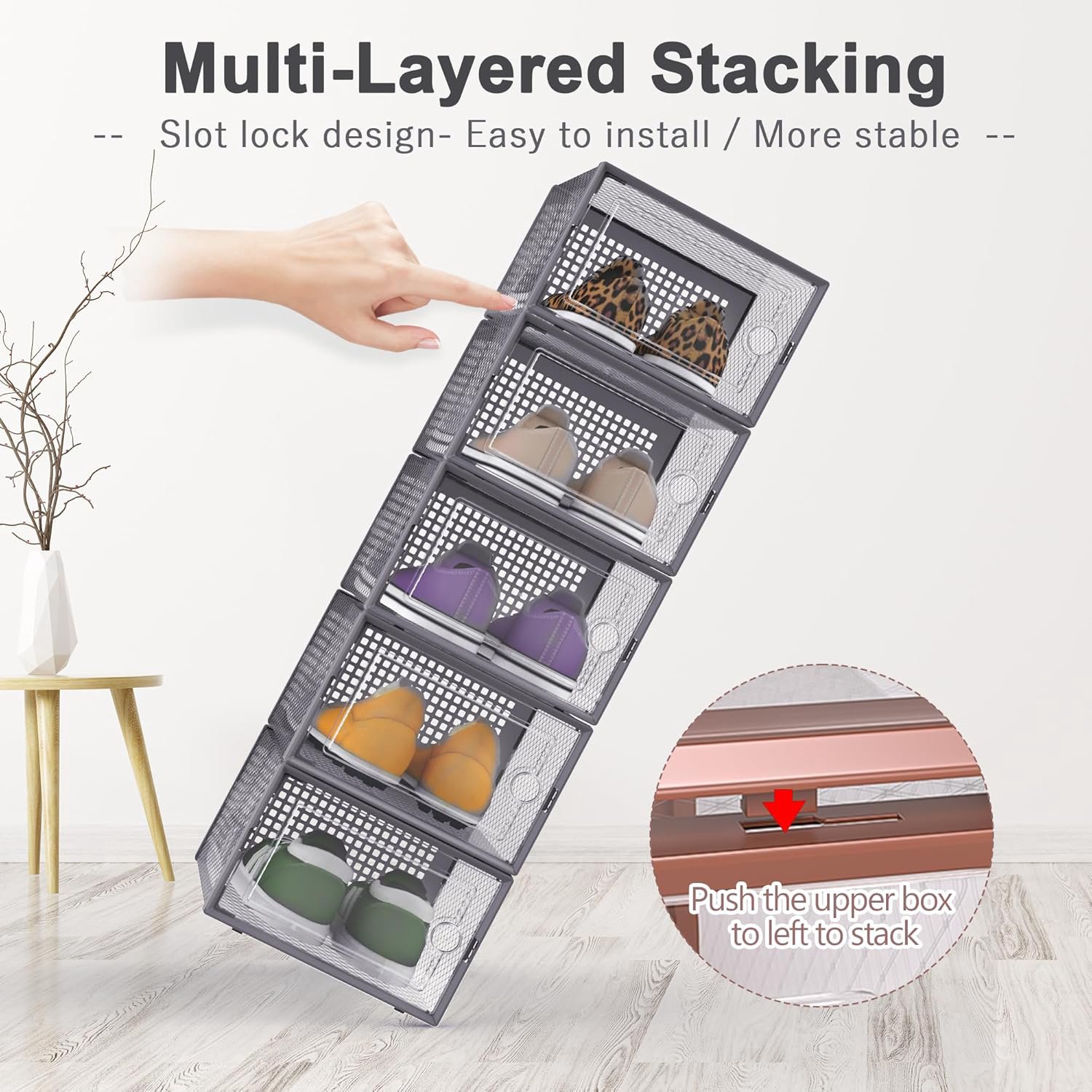 Large Shoe Organizers Storage Boxes for Closet, 12 Pack Clear Plastic Stackable Storage Bins with Lids, Under Bed Shoe Containers for Entryway, Drop Front, Fit up to Women's Size 10,Dark Gray