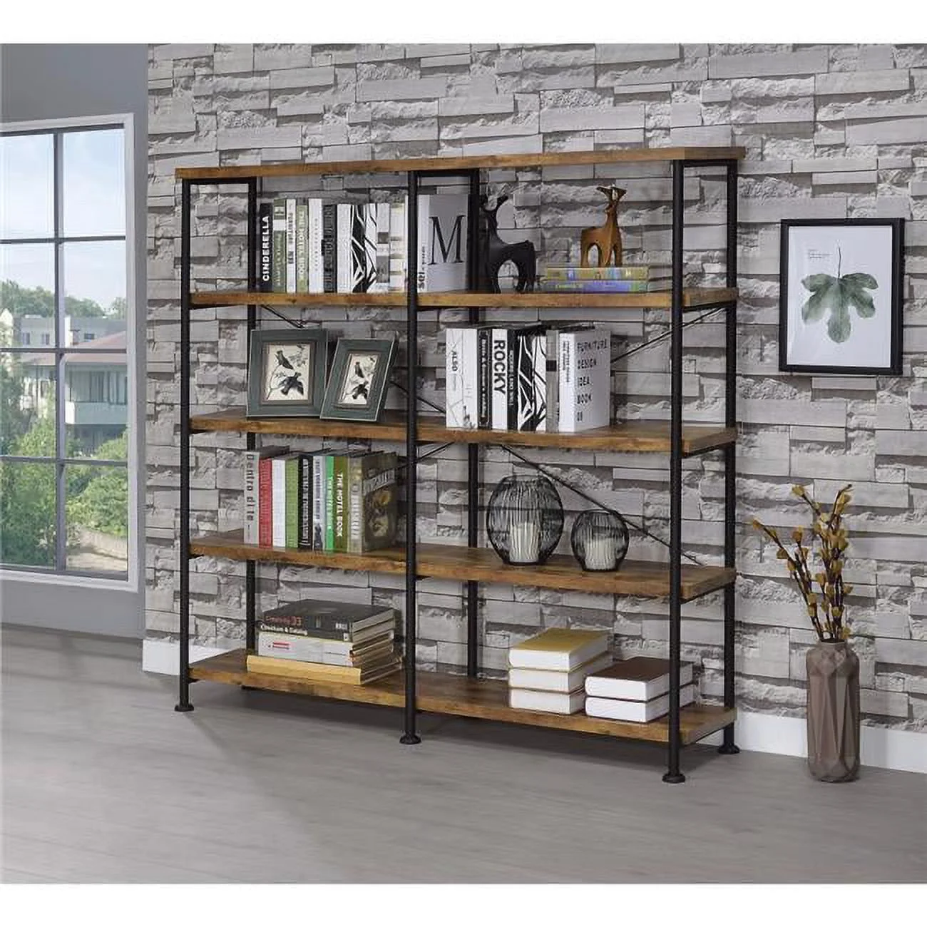 Benjara 14.25" 4-Shelf Modern Metal and Wood Bookcase in Brown and Black