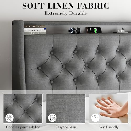 Full Size Bed Frame with 4 Storage Drawers and LED Lights, Upholstered Wingback Linen Tufted Headboard with Charging Station, Steel Slat Support, No Box Spring Needed, Noise-Free, Easy Assembly, Gray