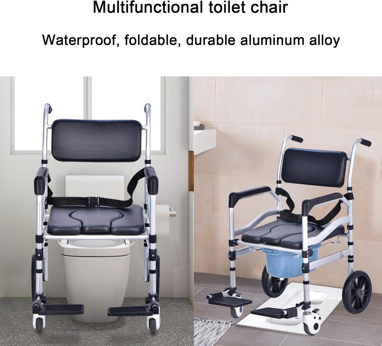 Height-Adjustable Commode Chair,Commode Chair on Wheels,Foldable Mobile Toilet Shower Stool for The Elderly and Disabled,Bedside Commode Chair with Removable Bucket and Flip-up Footrest