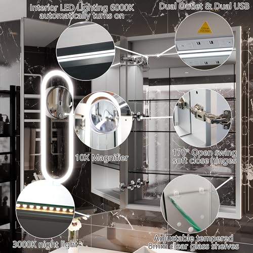 Smart Lighted Medicine Cabinet with Mirror, 24" x 36" LED Medicine Cabinet Mirror for Bathroom with Built-in High-Power Outlet, Stepless Dimming & Anti-Fog, Right Hinge
