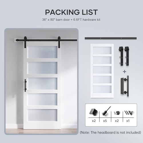 36x84 Inch Glass Sliding Barn Door Slab and 6.6ft Hardware Kit Included, 5 Frosted Glass, LVL Wood Panel Covered with White Water-Proof Scratch-Proof PVC Surface, Simple DIY Assembly
