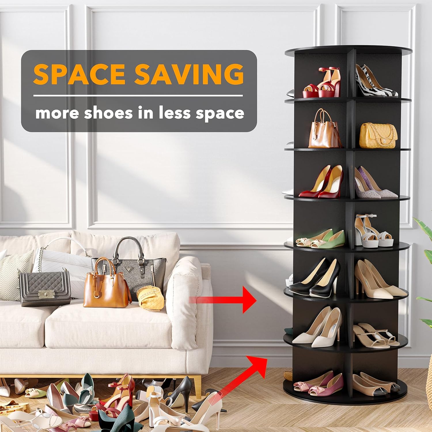 SpaceAid 7 Tier Rotating Shoe Rack Tower, Spinning Shoe Display Lazy Susan, Revolving 360 Shoe Rack Storage Round Carousel, Vertical Handbag Rotate Shoes Closet Organization (7-Tier Black)