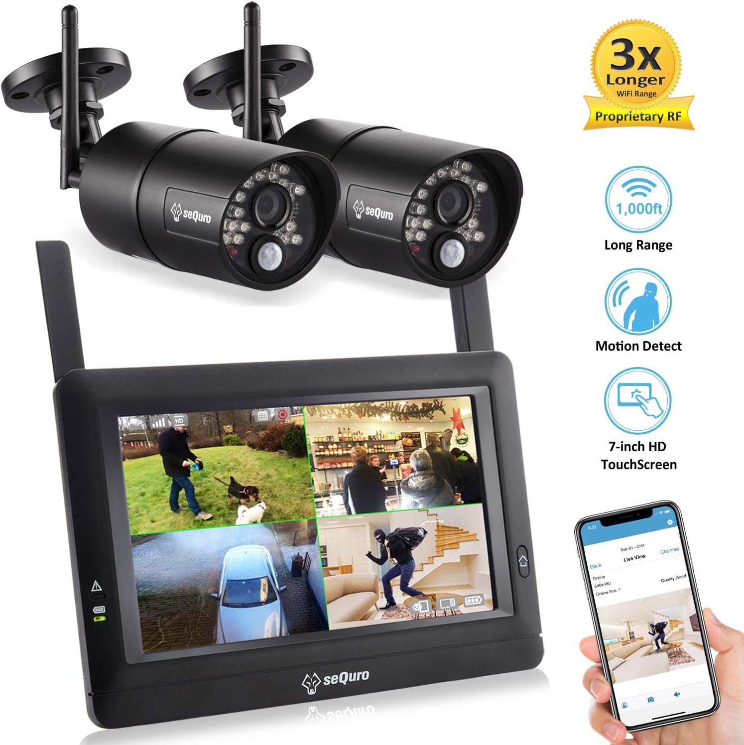 sequro GuardPro Wireless Surveillance Security Camera System Monitor, Weatherproof Outdoor Night Vision HD AC-Powered Camera and Home Surveillance 4CH Monitor DVR Kit with Smartphone Access, 2-cam Kit