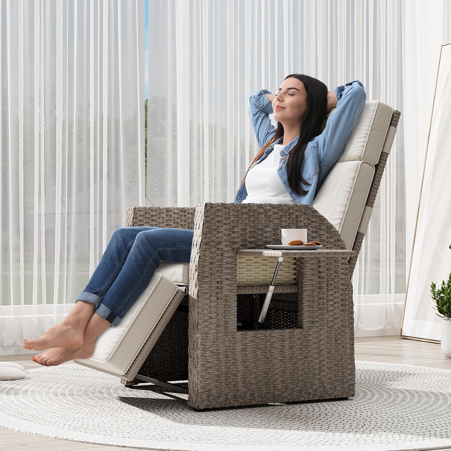 YITAHOME Outdoor Recliner Chair, Patio Wicker Lounge Chair with Adjustable Angle, Flip Table, Reclining Lounge Chair for Outside with Thick Cushions for Deck Backyard Pool Side, Beige(1 pack only)