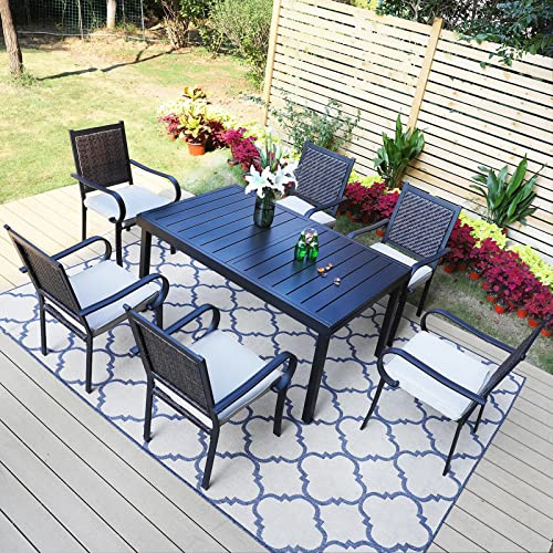 PHI VILLA 9 Piece Outdoor Extendable Dining Set for 8, Expandable Rectangular Metal Dining Table & 8 Rattan Chairs for Patio, Deck, Yard